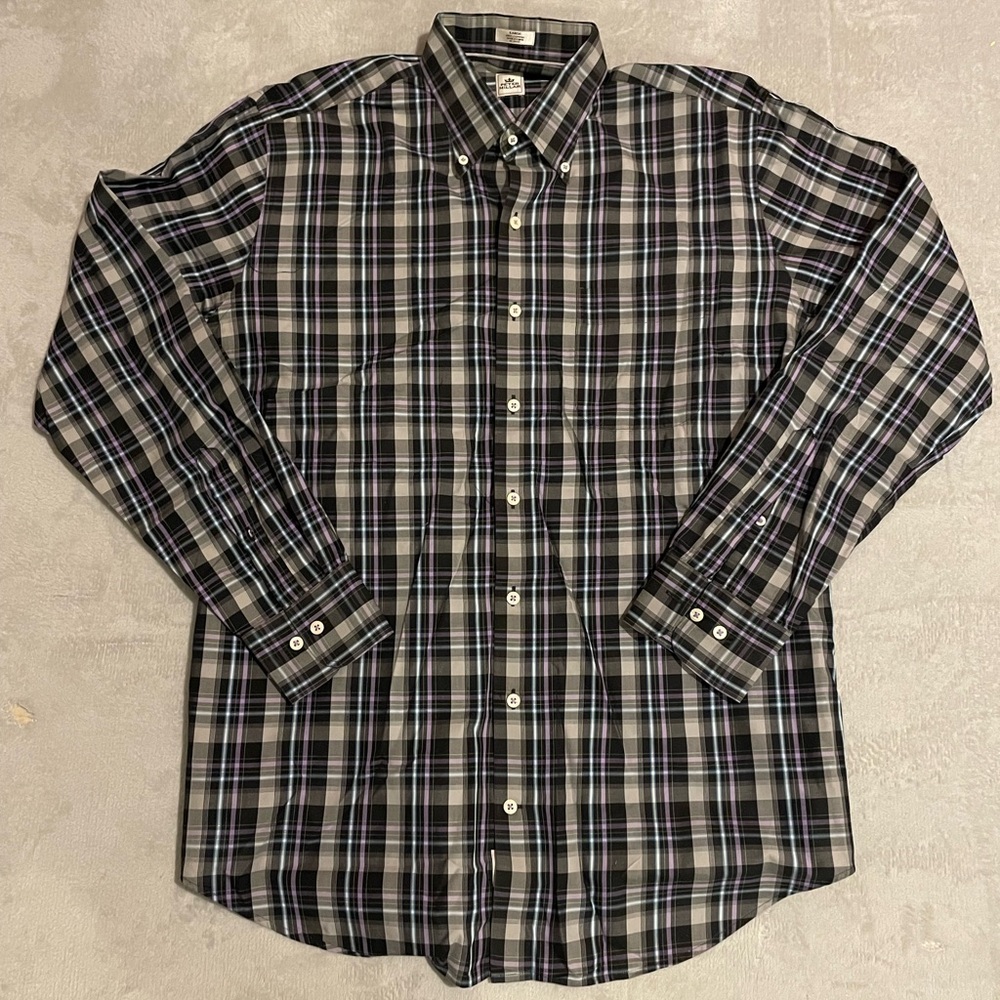 Peter Millar Performance Button Down Shirt Mens Large Gray White Purple Plaid